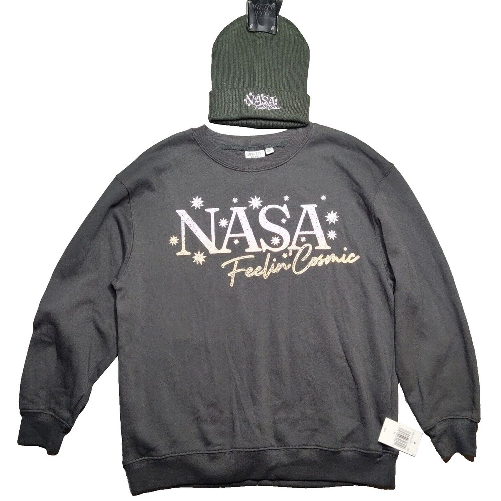 NASA Women Medium FEELING COSMIC Long Sleeve Crewneck Sweatshirt & Beanie NEW